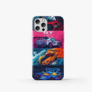 May include: A phone case with a colorful design featuring four different sports cars. The cars are a red sports car, a white sports car, a yellow sports car, and a blue sports car. The case has a black background with white text that says "GT-R", "Supra", and "SUBARU BRZ".