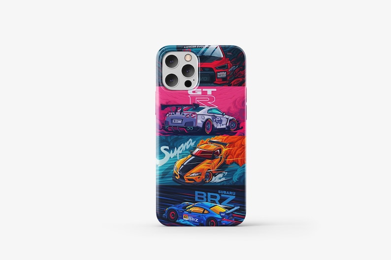 May include: A phone case with a colorful design featuring four different sports cars. The cars are a red sports car, a white sports car, a yellow sports car, and a blue sports car. The case has a black background with white text that says "GT-R", "Supra", and "SUBARU BRZ".