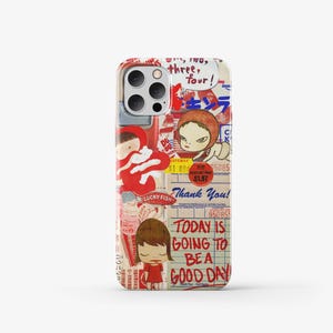 May include: A colorful phone case with a collage of images and text. The text includes "three, four!" and "TODAY IS GOING TO BE A GOOD DAY".