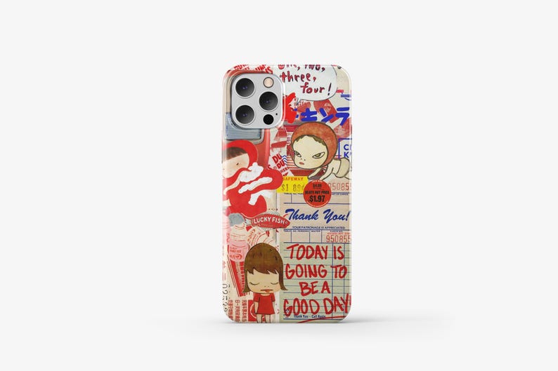 May include: A colorful phone case with a collage of images and text. The text includes "three, four!" and "TODAY IS GOING TO BE A GOOD DAY".