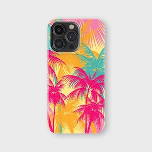May include: A phone case featuring a vibrant tropical palm tree design. The case showcases a repeating pattern of pink, orange, and teal palm trees against a yellow background. The case has a glossy finish and a camera cutout.