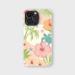 May include: A phone case featuring a tropical design with pink and orange hibiscus flowers, palm trees, starfish, and a teal sea turtle. The background has a light yellow and pink striped pattern. The case has a glossy finish.