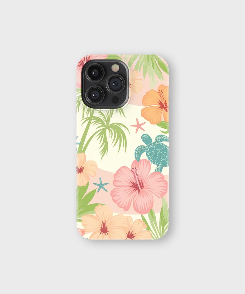 May include: A phone case featuring a tropical design with pink and orange hibiscus flowers, palm trees, starfish, and a teal sea turtle. The background has a light yellow and pink striped pattern. The case has a glossy finish.