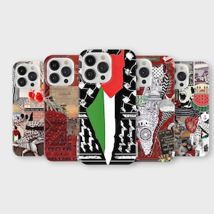 May include: A selection of phone cases with diverse designs. The cases showcase patterns such as the Palestinian flag, floral motifs, and abstract collages. The colour scheme includes red, white, black, and green.