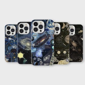 May include: A collection of five phone cases with space-themed designs. Each case features a different cosmic scene, including galaxies, planets, and celestial charts, in shades of blue, black, and gold. The cases have multiple camera cutouts.