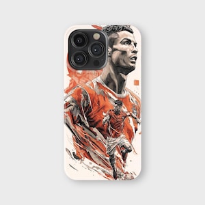 May include: A phone case featuring a stylized illustration of a soccer player in a red and white uniform. The design includes a portrait of the player and a dynamic action shot, set against a cream-colored background.
