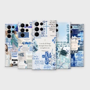 May include: A collection of phone cases with a collage design in shades of blue and white. The cases feature religious imagery, text, and floral patterns. Some cases have text that reads "Jesus is King" and "Isaiah 43:19".