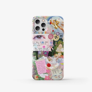 May include: A colourful phone case featuring a collage of images, including a cat, a butterfly, a cloud, and a button. The case has a quote that reads "It's okay to say when there's too much on your mind - The clouds rain too when things get heavy."