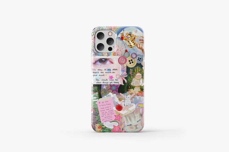 May include: A colourful phone case featuring a collage of images, including a cat, a butterfly, a cloud, and a button. The case has a quote that reads "It's okay to say when there's too much on your mind - The clouds rain too when things get heavy."