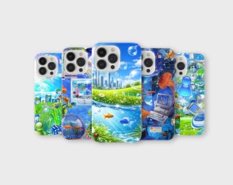 May include: A collection of five smartphone cases featuring vibrant, Y2K-inspired digital art. The designs include surreal landscapes with bright green grass, blue skies, floating bubbles, goldfish, retro computer monitors, and abstract blue icons.
