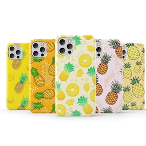 May include: Five different phone cases with pineapple designs. The cases are all yellow and feature different pineapple patterns, including pineapples with leaves, pineapples with slices, and pineapples with flowers.