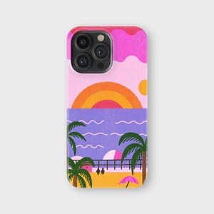 May include: A phone case featuring a colorful beach scene. The design includes a sunset with a rainbow, palm trees, and a pier. The case has a pink border and a glossy finish, offering protection and style.