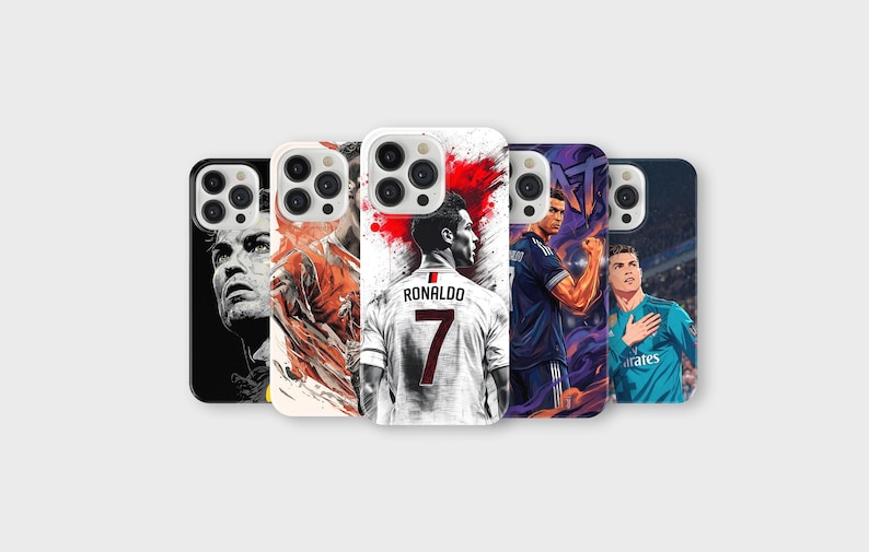 May include: A collection of phone cases featuring artistic portraits of a soccer player. The cases display various action poses and close-ups, with a focus on the player's jersey and facial expressions. The cases are in different colors.