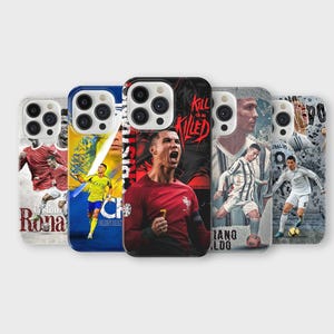 May include: A selection of smartphone cases showcasing football players in action. The cases feature vivid colours and dynamic poses, with text elements including player names and team logos. The cases are designed to fit various phone models.
