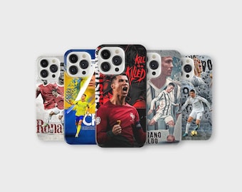 May include: A collection of smartphone cases featuring images of soccer players in action. The cases display vibrant colors and dynamic poses, with text elements including player names and team logos. The cases are designed to fit various phone models.