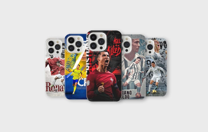 May include: A collection of smartphone cases featuring images of soccer players in action. The cases display vibrant colors and dynamic poses, with text elements including player names and team logos. The cases are designed to fit various phone models.