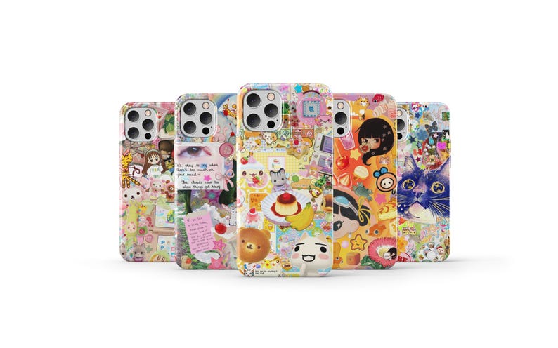 May include: Six colourful phone cases with a collage of images and text. The cases feature a variety of designs, including cartoon characters, food, and abstract patterns.
