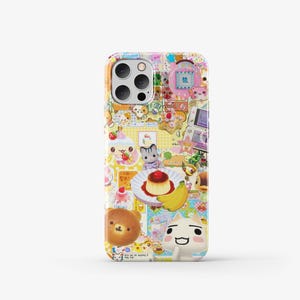 May include: A colourful phone case featuring a collage of cartoon characters, food, and other cute designs. The case is yellow, pink, and blue with a white background.
