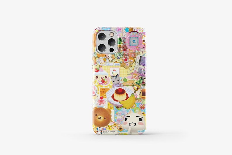 May include: A colourful phone case featuring a collage of cartoon characters, food, and other cute designs. The case is yellow, pink, and blue with a white background.