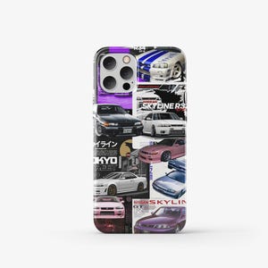 May include: A phone case with a collage of images of Nissan Skyline R34 cars. The case features a variety of colors, including white, black, blue, pink, and purple. The case also includes Japanese text and the words "Skyline R34" and "Nissan Skyline".