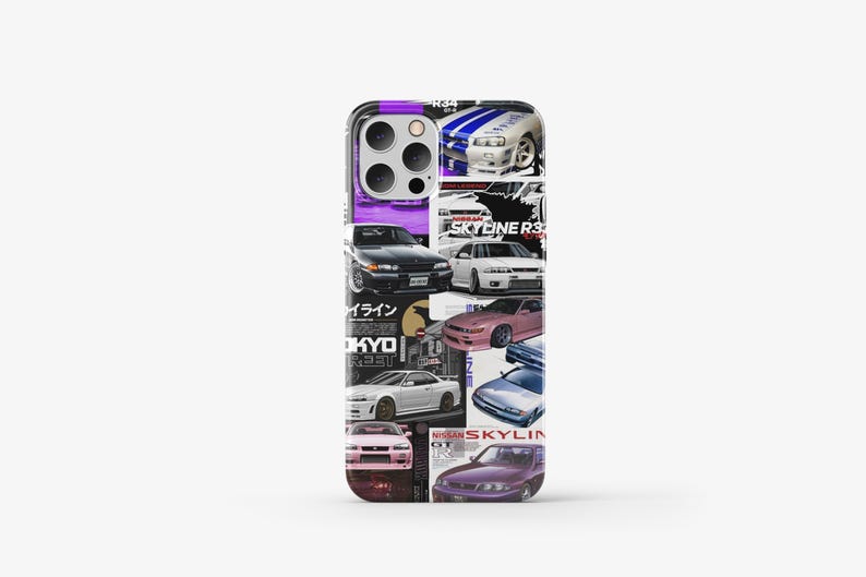 May include: A phone case with a collage of images of Nissan Skyline R34 cars. The case features a variety of colors, including white, black, blue, pink, and purple. The case also includes Japanese text and the words "Skyline R34" and "Nissan Skyline".