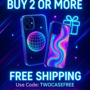 May include: A promotional image for phone cases. The image features two phone cases with neon blue outlines, one with a globe design and the other with a colorful swirl pattern. Text includes "LELIAARTCOVER" and "BUY 2 OR MORE".