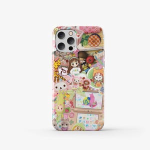 May include: A pink and white phone case featuring a colourful collage of cartoon characters, animals, and objects. The case has a pink and white background with a variety of colourful stickers and illustrations.