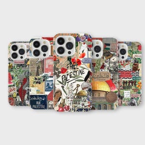 May include: A selection of phone cases with a collage design. The cases display a variety of images, including text that reads "Free Palestine", architectural elements, and other graphics. The cases are in various colours.