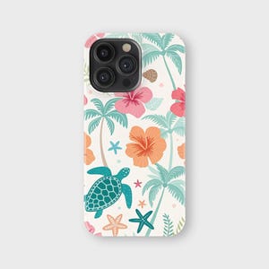 May include: A white phone case featuring a tropical pattern. The design includes teal palm trees, orange and pink hibiscus flowers, teal sea turtles, and starfish. The case has a glossy finish and a camera cutout.