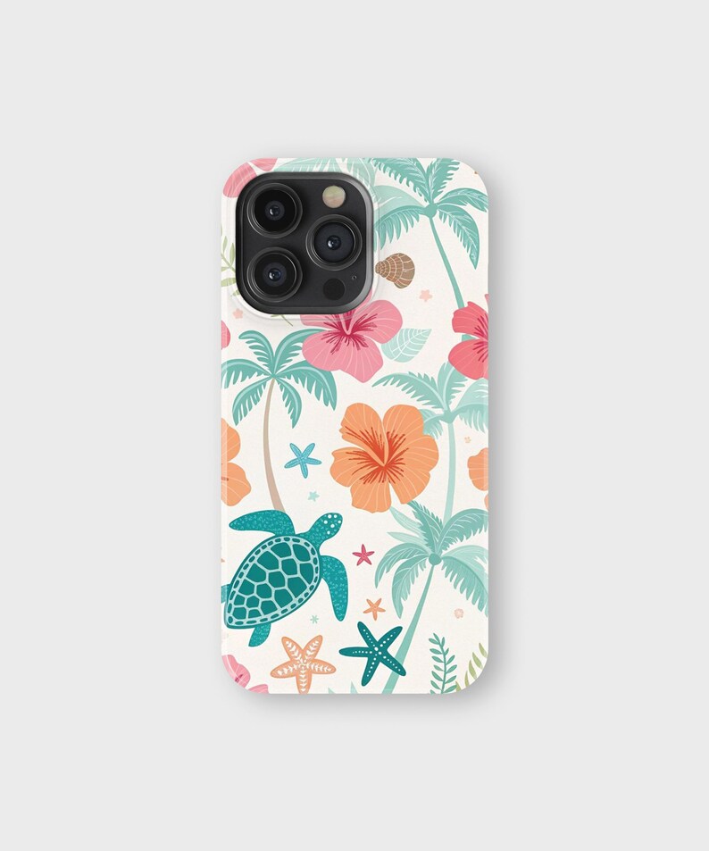 May include: A white phone case featuring a tropical pattern. The design includes teal palm trees, orange and pink hibiscus flowers, teal sea turtles, and starfish. The case has a glossy finish and a camera cutout.