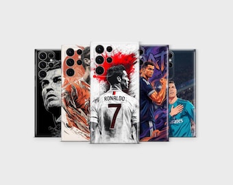 May include: Five smartphone cases with artistic illustrations of a soccer player. The cases feature portraits and action poses in various color schemes, including black and white, orange, and blue. One case displays the name "RONALDO" and the number "7".