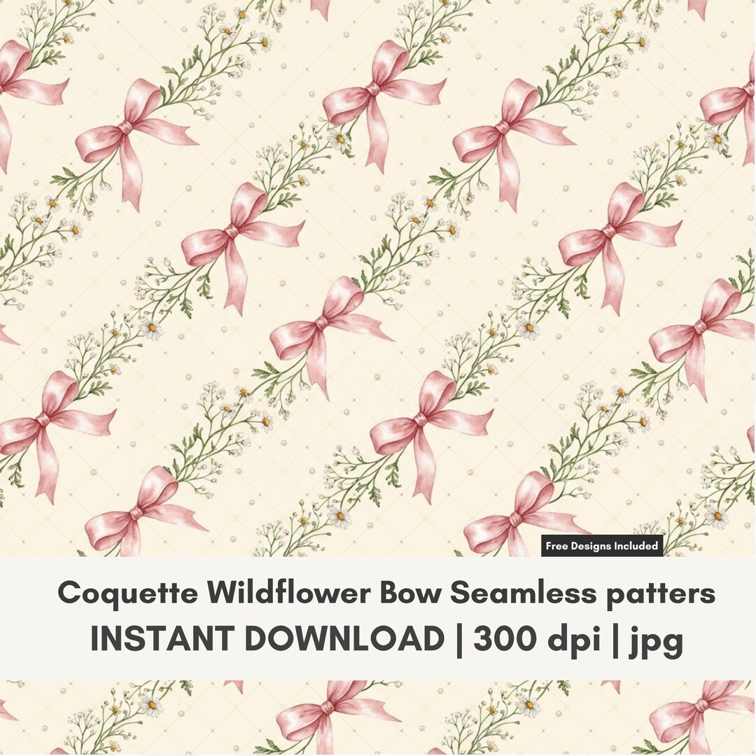 Coquette Bow Garland Seamless Pattern, Pink Ribbon Daisy Vine Tileable ...