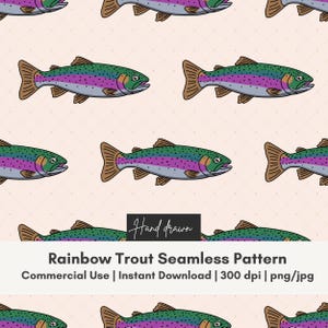 Rainbow Trout Seamless Pattern, Hand Drawn Fishing Print,  Colorful Fish Art Fabric Design, Fisherman Aesthetic Digital Paper, PNG