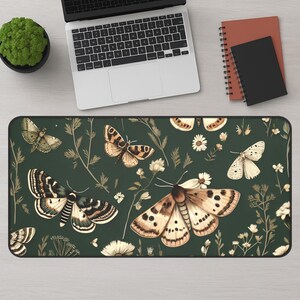 XL Desk Mat with Dark Cottagecore Moths, Wildflowers and Toads Gaming Mat for Him, Goblincore, Forestcore, Tech Accessory, Unique Desk Mat