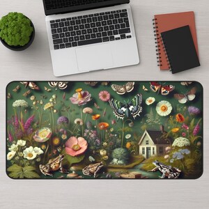 Cottagecore XL Desk Mat, Dark Forestcore Moths and Wildflowers, Gaming Mat for Him Her, Goblincore Tech Accessory, Toad Design