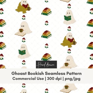 May include: A seamless pattern featuring white ghosts reading books, stacks of colourful books, and small mushrooms on a white background with a subtle grid. The text Hand drawn Ghoast Bookish Seamless Pattern Commercial Use 300 dpi png/jpg is visible.