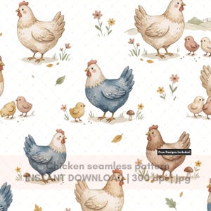 Joli modèle sans couture de poulet, motifs répétés d'animaux de la ferme, papier numérique pour chambre d'enfant de printemps, tissu pour enfants poussins de Pâques, motif bébé aquarelle