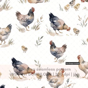 May include: A seamless pattern featuring watercolour illustrations of chickens and chicks in shades of grey, brown, and white, interspersed with green foliage on a white background with a faint diamond grid. Text reads: Chicken seamless pattern.