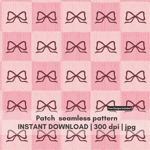 Può includere: Motivo senza cuciture con quadrati rosa e fiocchi rosa scuro. Il testo recita "Patch seamless pattern" e "INSTANT DOWNLOAD | 300 dpi | jpg".