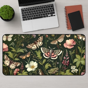Cottagecore Desk Mat, Dark Cottagecore Moths, Wildflowers and Toads, XL Gaming Mat for Him, Goblincore Forestcore Tech Accessory