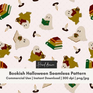Bookish Halloween Seamless Pattern, Hand Drawn Ghosts Reading Digital Download, Girly Fall Repeat Design, Fabric Surface Fall Autumn File