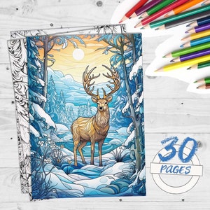 30 Christmas Deer Coloring Pages, Winter Forest, Snowy Scene, Festive Holiday Deer Illustrations, Snowy Landscape, Cosy Christmas Scene