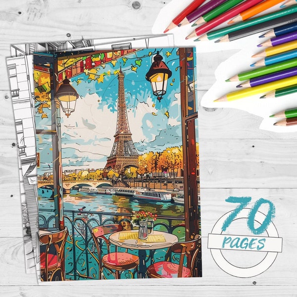 70 Paris coffee shop, Vintage Storefront Coloring Book, Retro, Eiffel tower, Cafe Terrace, Parisian romantic lifestyle, Travel Cityscape