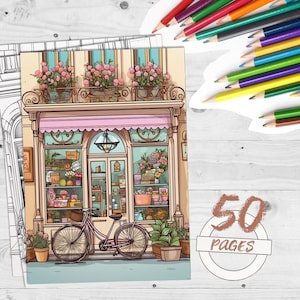50 Vintage Storefront Coloring Pages, Bicycle Coloring Book, Retro Storefront, Urban Cycling Art, Instant download pdf, jpg file