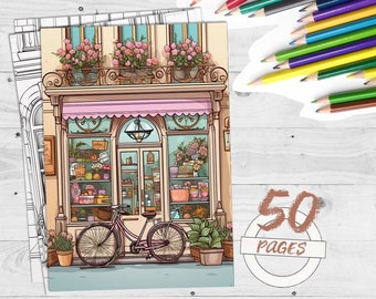 50 pages à colorier de vitrine vintage, livre de coloriage de bicyclette, vitrine rétro, art cycliste urbain, téléchargement immédiat pdf, fichier jpg