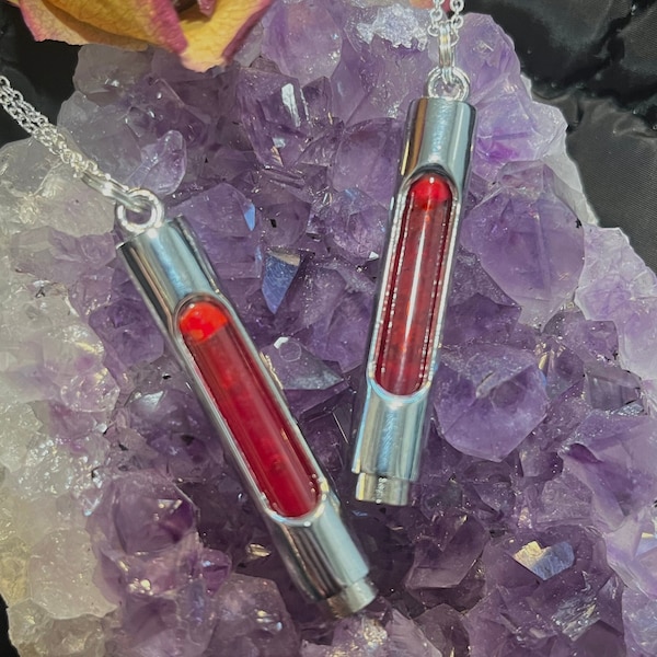 Vampire blood elixir - witches vial necklace- cosplay ritual necklace  - horror gift- vampire gothic necklace - metal vial goth pendant -