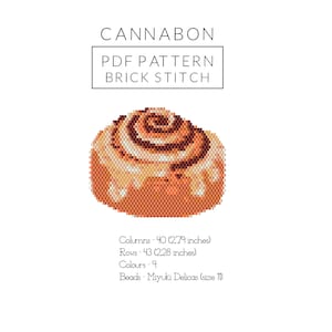 Könnte beinhalten: Ein digitales PDF-Muster für ein Ziegelstich-Design, das eine pixelige Zimtschnecke zeigt. Das Bild enthält den Text "CANNABON PDF PATTERN BRICK STITCH". Das Design hat 40 Spalten mal 43 Reihen (7,09 x 5,79 cm) und verwendet 9 Farben.