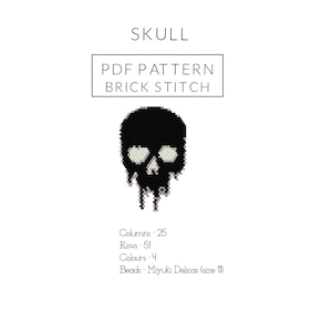 May include: Black and white skull bead pattern for brick stitch. The pattern is for a skull with dripping details. The pattern is for Miyuki Delicas size 10 beads. The pattern is 25 columns and 51 rows.