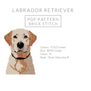 May include: A digital PDF pattern for a Labrador Retriever in brick stitch. The image shows a detailed, pixelated portrait of a yellow Labrador against a white background. The pattern includes dimensions: 47 columns (3.27 inches) and 86 rows (4.57 inches).