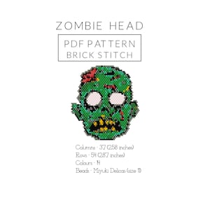 May include: A PDF pattern for a brick stitch bead design of a green zombie head. The text reads ZOMBIE HEAD PDF PATTERN BRICK STITCH. Specifications include 37 columns (2.58 inches), 54 rows (2.87 inches), 14 colors, and size 11 Miyuki Delica beads.